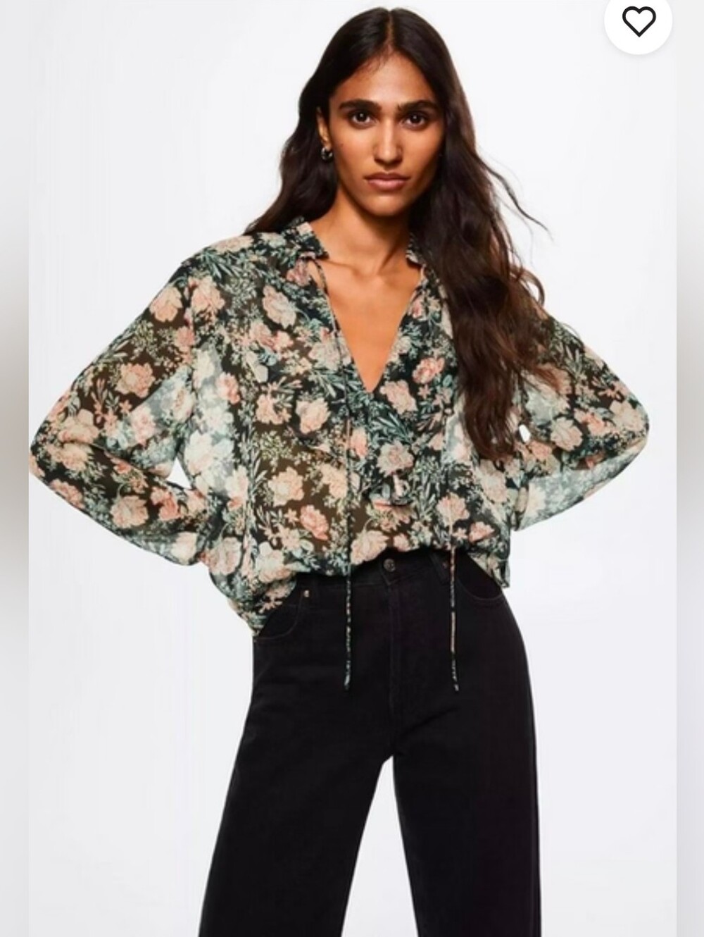 NWOT Mango Sheer Forest Green Floral Tie-Neck Blouse with Blush Flowers Size 8